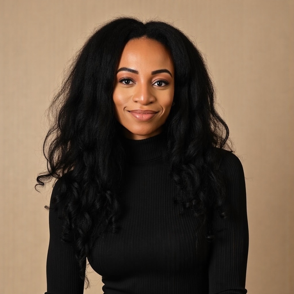 Nnenna Ndukwe in a black turtleneck against a warm tan backdrop